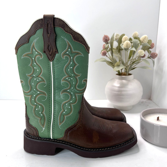 Justin Raya Western Distressed Square Toe Cowgirl Boot Brown Green Women 7B NWD